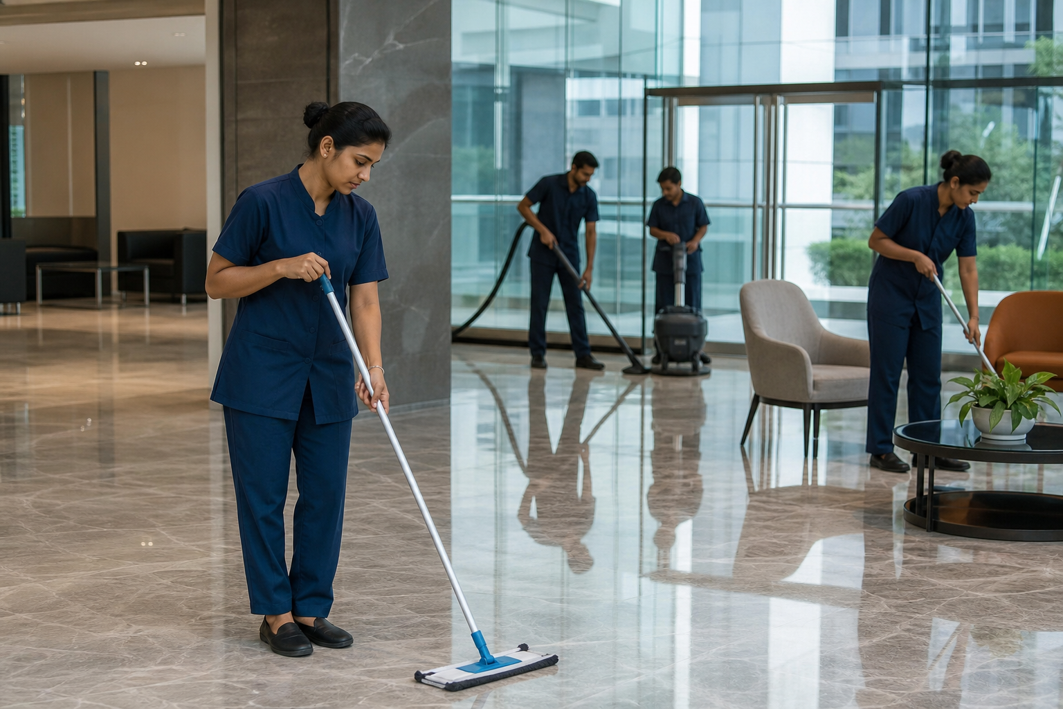 Housekeeping team mopping a Hyderabad office lobby